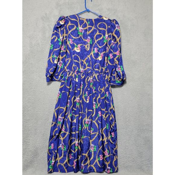 Vintage Terri Ellen Dress Size‎ 12 Purple Gold Floral Pleated Puffer Sleeves - Picture 6 of 8